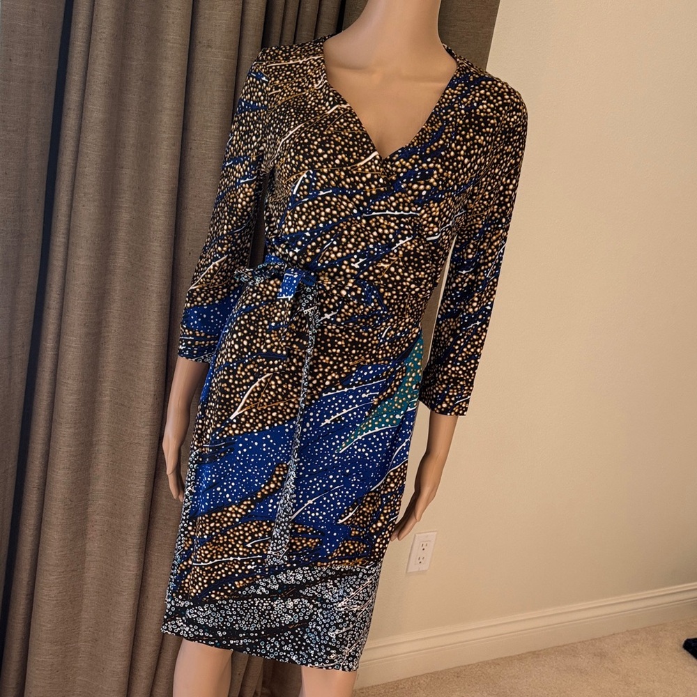 Diane Von Furstenberg Blue and Brown Long Sleeve wrap Dress.